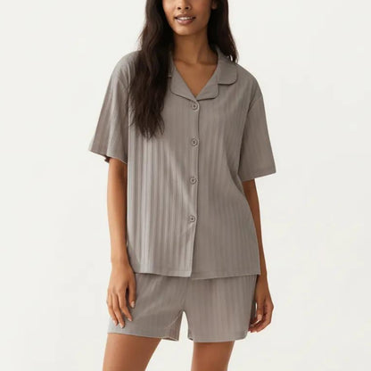 2-Piece Set Short Sleeve Button Down Pajama Top with Notch Collar and Shorts Textured Sleepwear Set