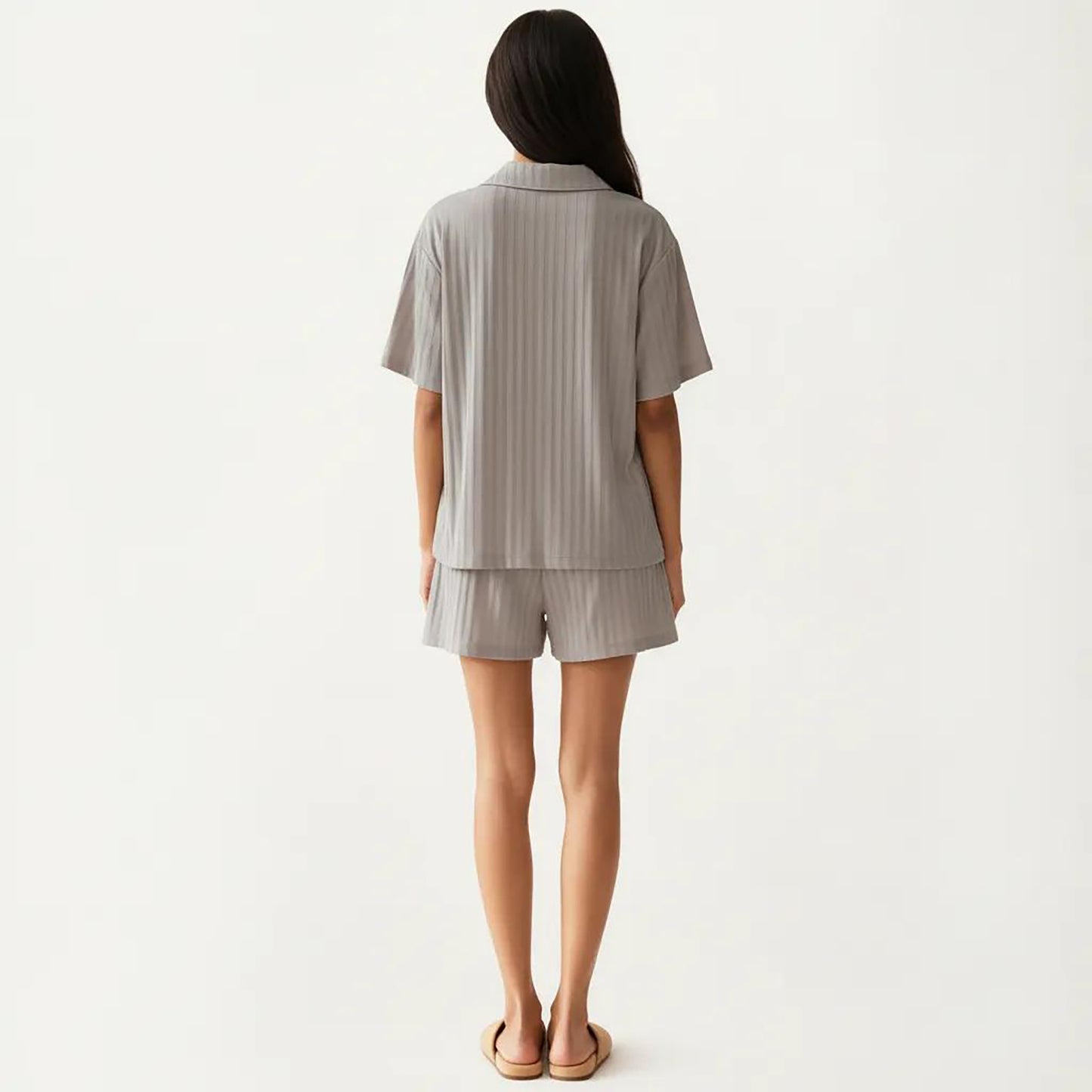 2-Piece Set Short Sleeve Button Down Pajama Top with Notch Collar and Shorts Textured Sleepwear Set