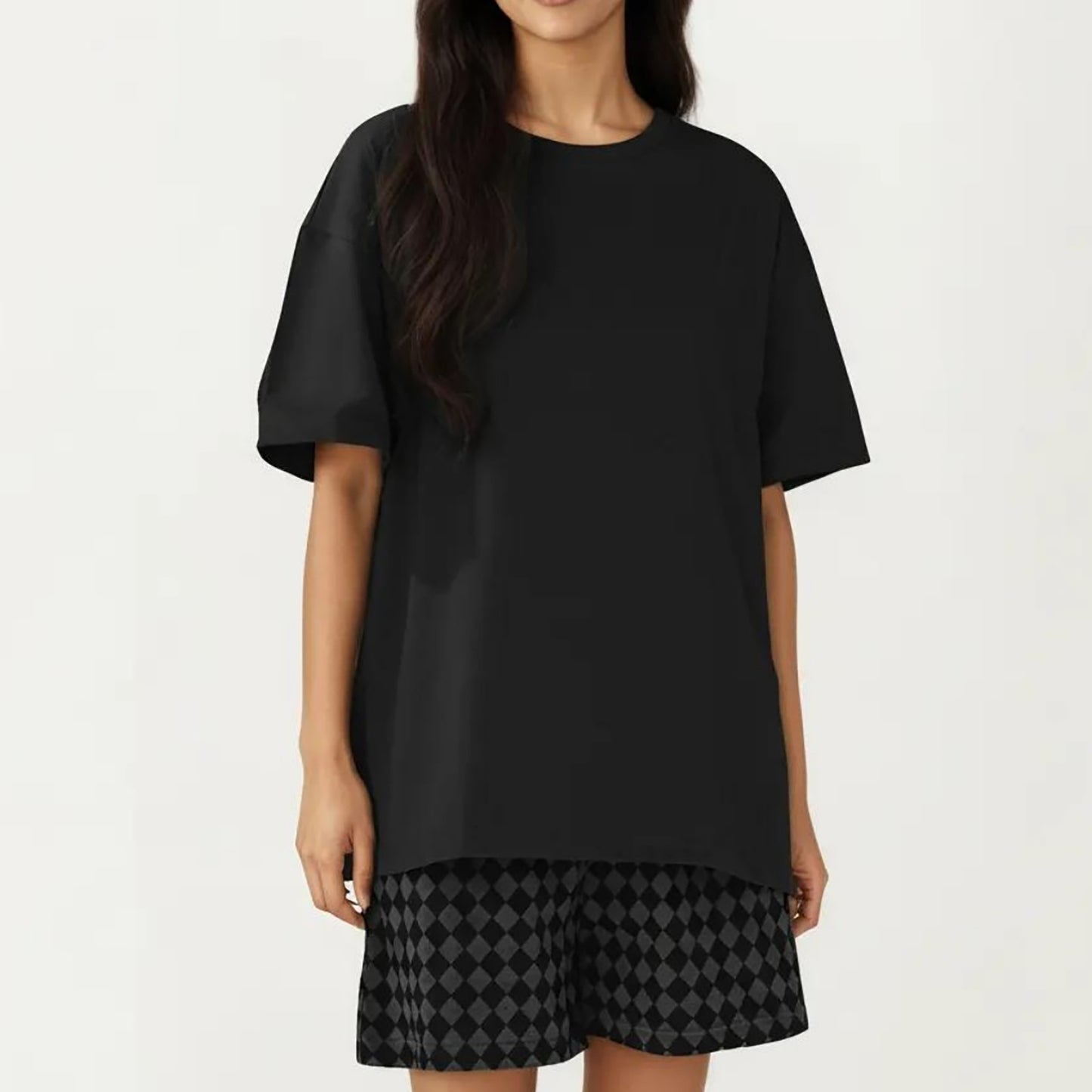 2-Piece Set Oversized Short Sleeve Crew Neck Pajama Top with Relaxed Fit Printed Shorts