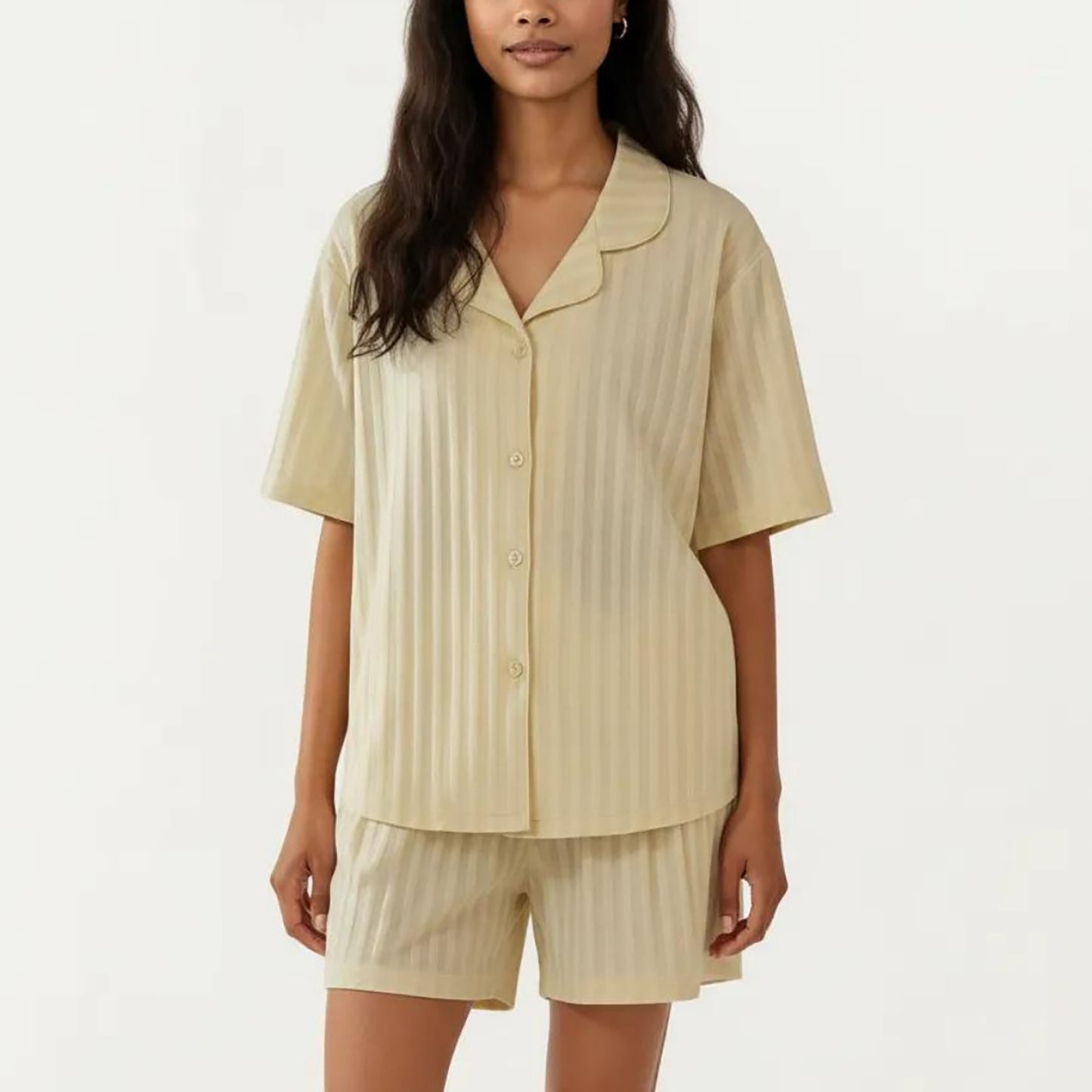 2-Piece Set Short Sleeve Button Down Pajama Top with Notch Collar and Relaxed Fit Shorts