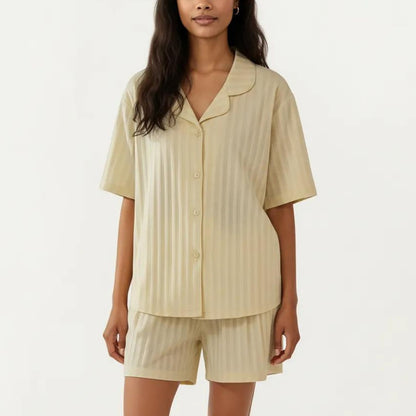 2-Piece Set Short Sleeve Button Down Pajama Top with Notch Collar and Relaxed Fit Shorts