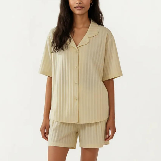 2-Piece Set Short Sleeve Button Down Pajama Top with Notch Collar and Relaxed Fit Shorts