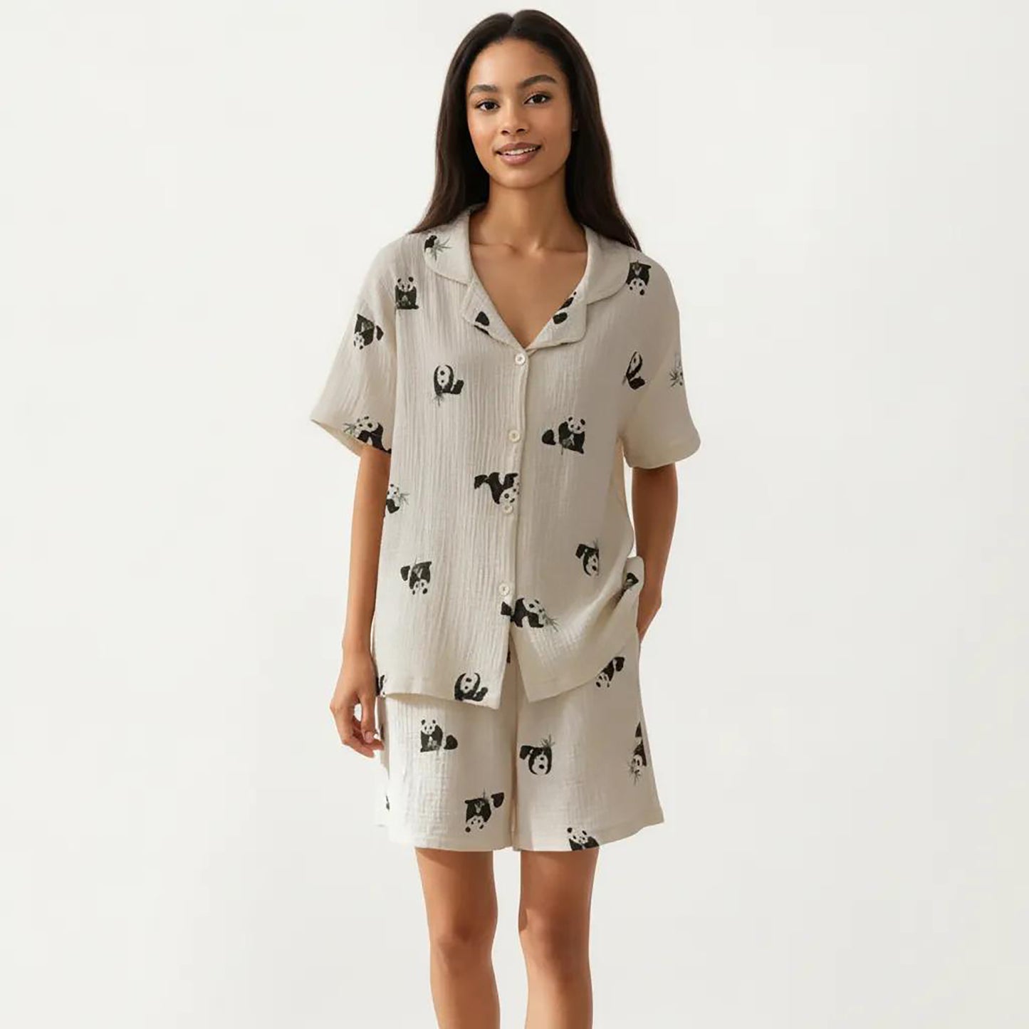 2-Piece Set Short Sleeve Button Down Pajama Top with Notch Collar and Relaxed Fit Shorts
