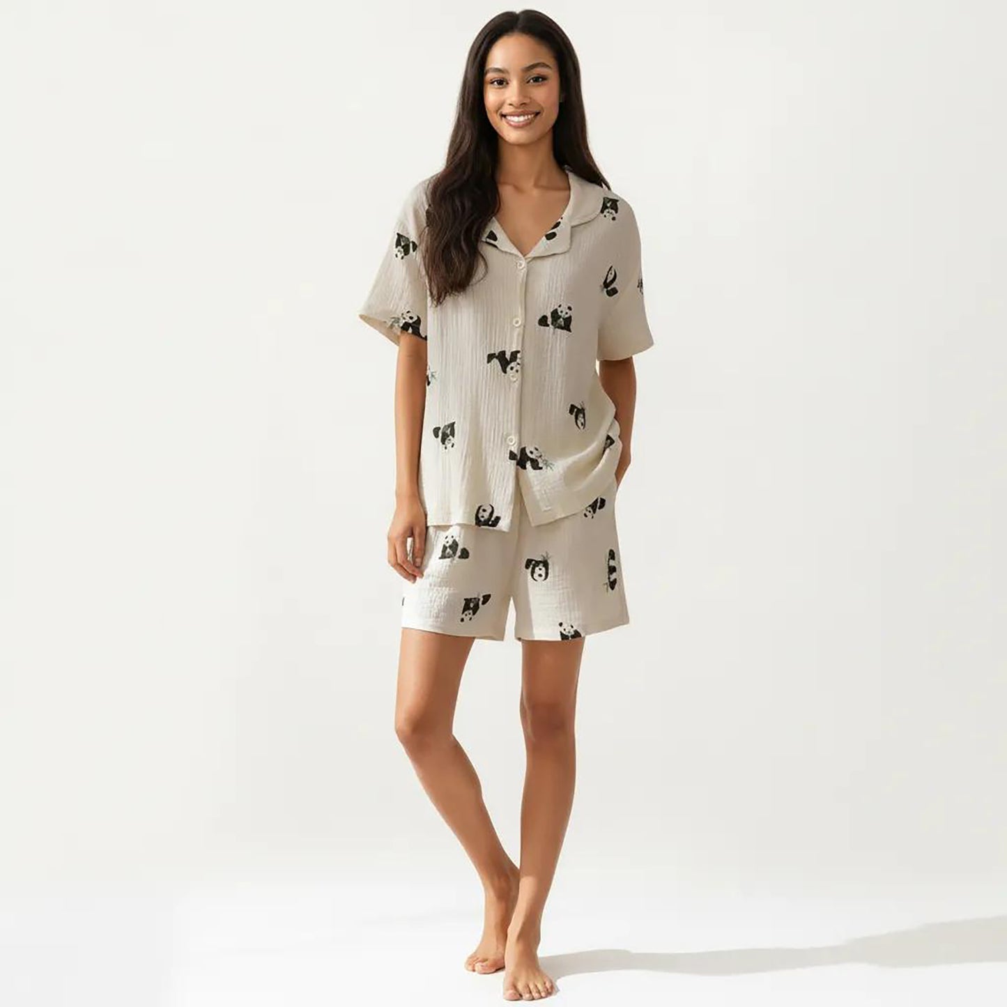 2-Piece Set Short Sleeve Button Down Pajama Top with Notch Collar and Relaxed Fit Shorts