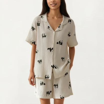 2-Piece Set Short Sleeve Button Down Pajama Top with Notch Collar and Relaxed Fit Shorts