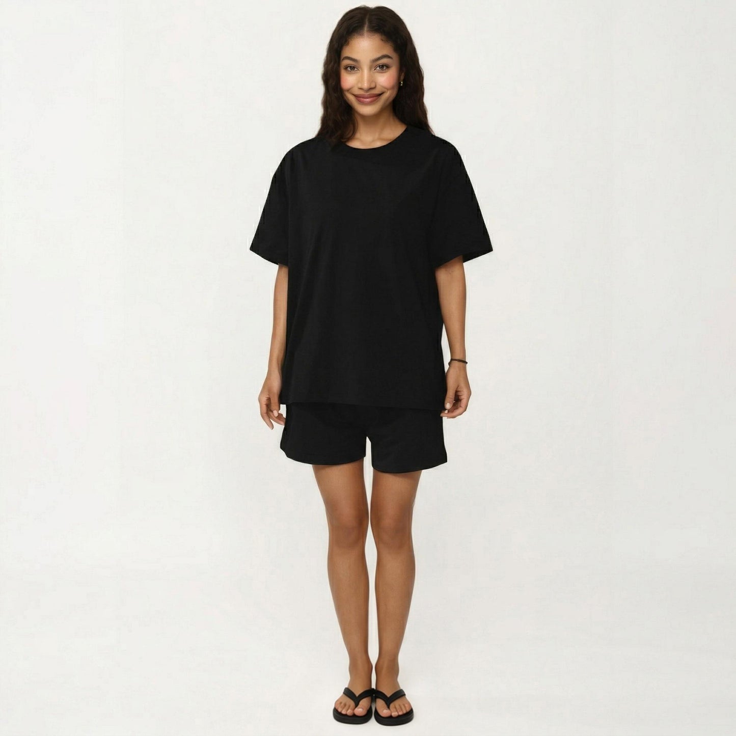 2-Piece Set Oversized Short Sleeve Crew Neck Pajama Top with Relaxed Fit Shorts Sleepwear Set