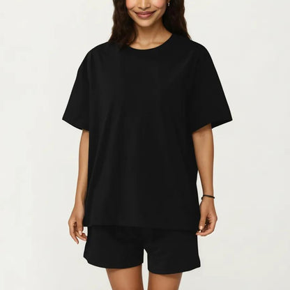 2-Piece Set Oversized Short Sleeve Crew Neck Pajama Top with Relaxed Fit Shorts Sleepwear Set