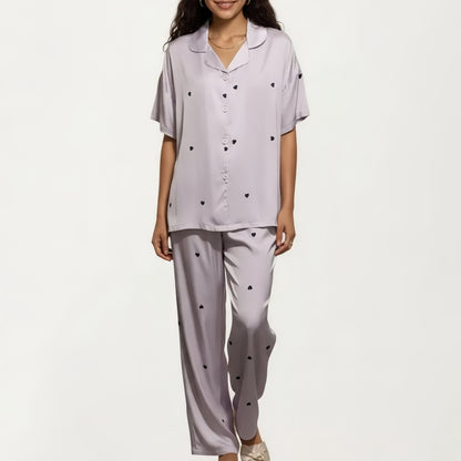2-Piece Set Pajama Short Sleeve Button Down Top with Notch Collar and Relaxed Fit Pants