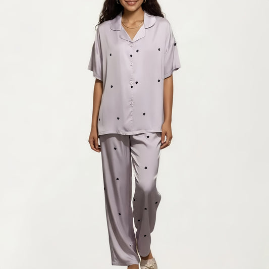 2-Piece Set Pajama Short Sleeve Button Down Top with Notch Collar and Relaxed Fit Pants