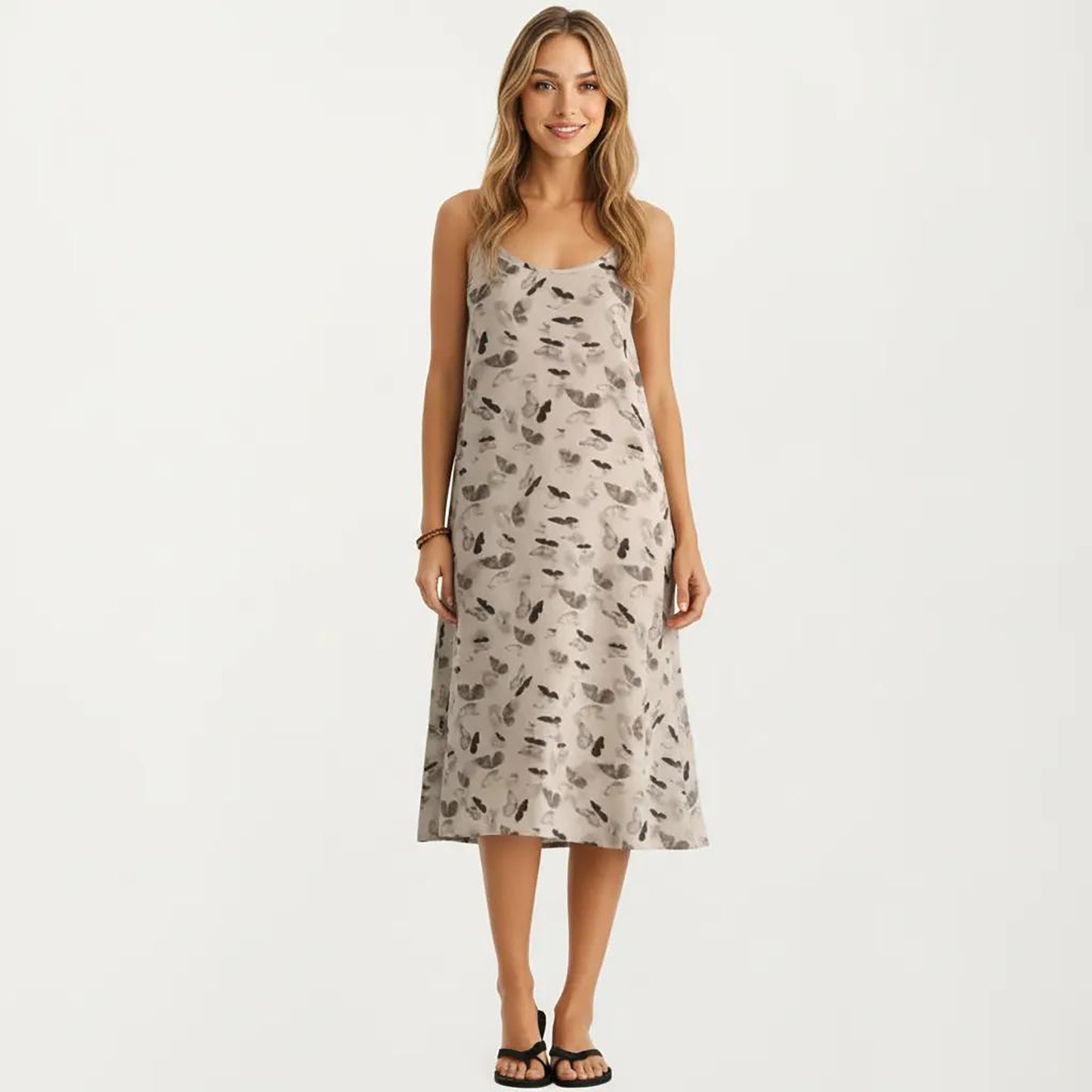 Modal Pajama Dress Sleeveless Spaghetti Strap Midi Sleepwear Nightgown with Printed Pattern