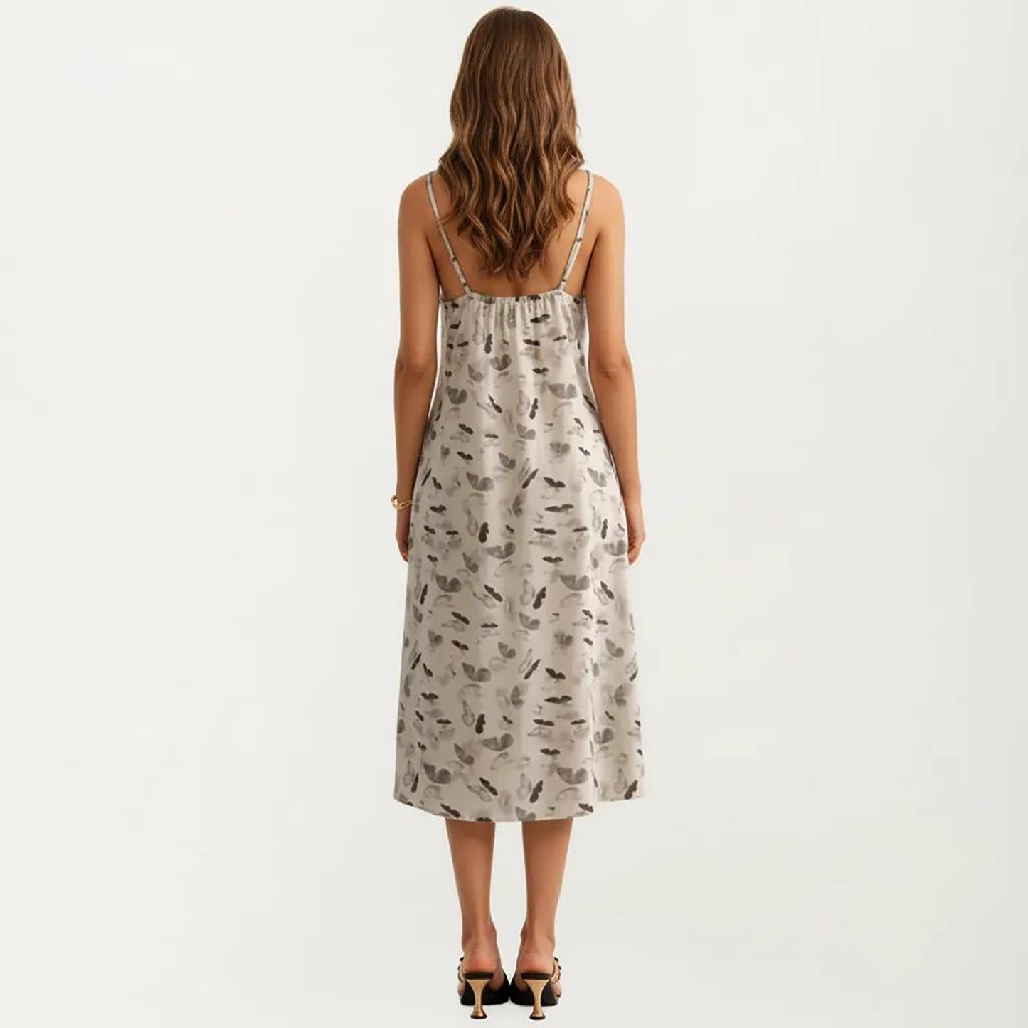 Modal Pajama Dress Sleeveless Spaghetti Strap Midi Sleepwear Nightgown with Printed Pattern