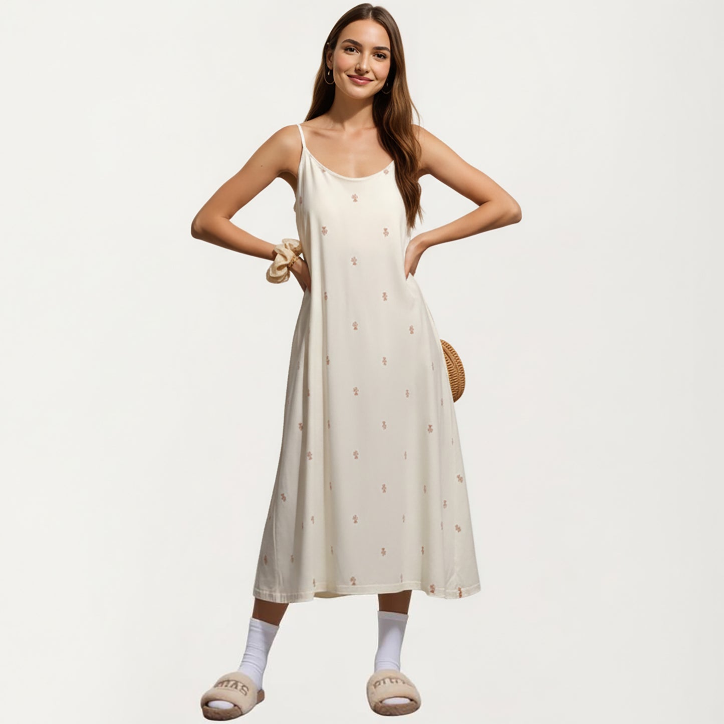 Sleeveless Pajama Dress with Spaghetti Straps Loose Fit Midi Sleepwear Nightgown with Allover Print