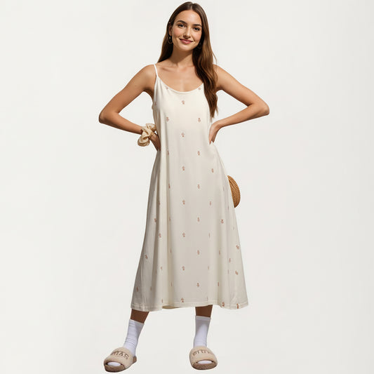 Sleeveless Pajama Dress with Spaghetti Straps Loose Fit Midi Sleepwear Nightgown with Allover Print
