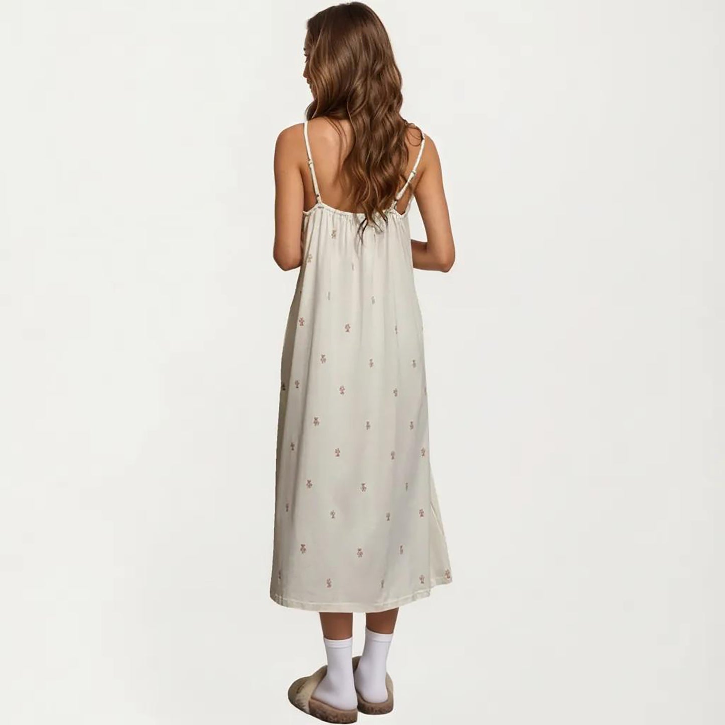 Sleeveless Pajama Dress with Spaghetti Straps Loose Fit Midi Sleepwear Nightgown with Allover Print
