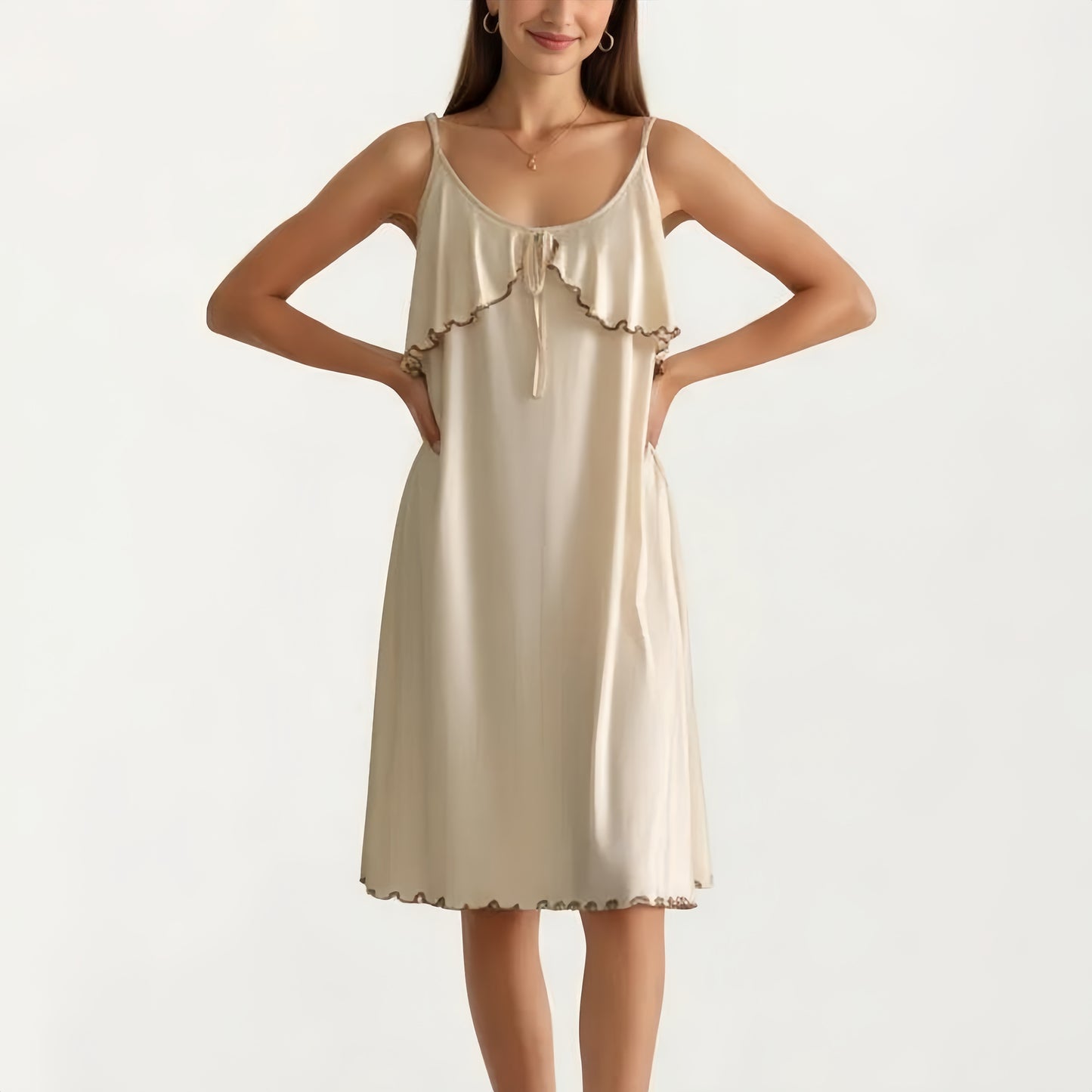 Sleeveless Pajama Dress with Spaghetti Straps Tie Front Ruffle Trim Nightgown Relaxed Fit Sleepwear