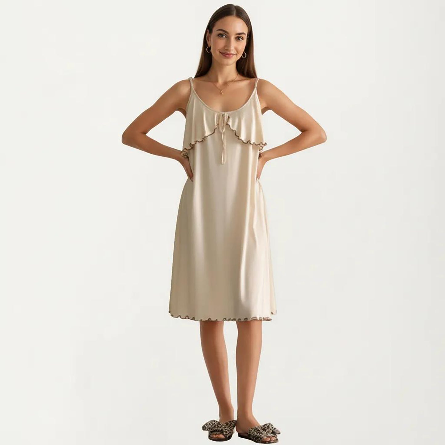 Sleeveless Pajama Dress with Spaghetti Straps Tie Front Ruffle Trim Nightgown Relaxed Fit Sleepwear