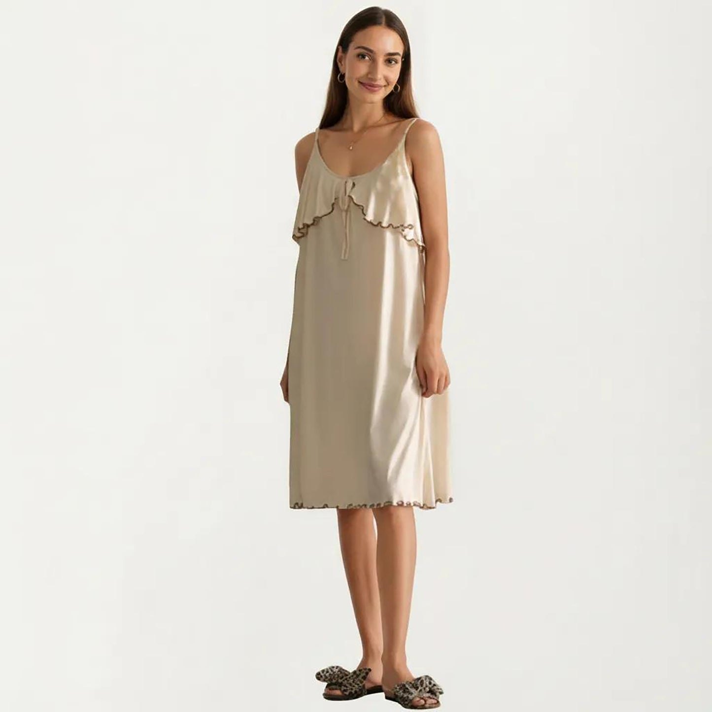 Sleeveless Pajama Dress with Spaghetti Straps Tie Front Ruffle Trim Nightgown Relaxed Fit Sleepwear