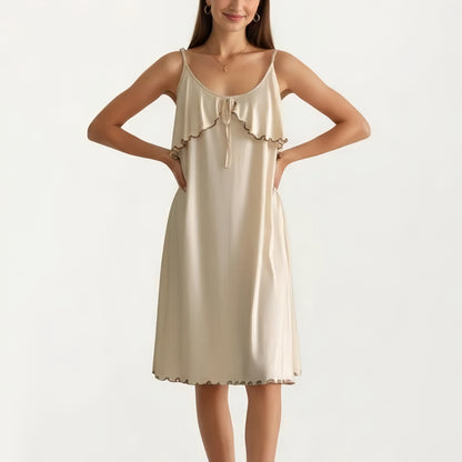 Sleeveless Pajama Dress with Spaghetti Straps Tie Front Ruffle Trim Nightgown Relaxed Fit Sleepwear
