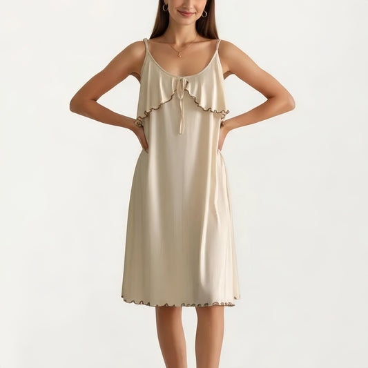 Sleeveless Pajama Dress with Spaghetti Straps Tie Front Ruffle Trim Nightgown Relaxed Fit Sleepwear