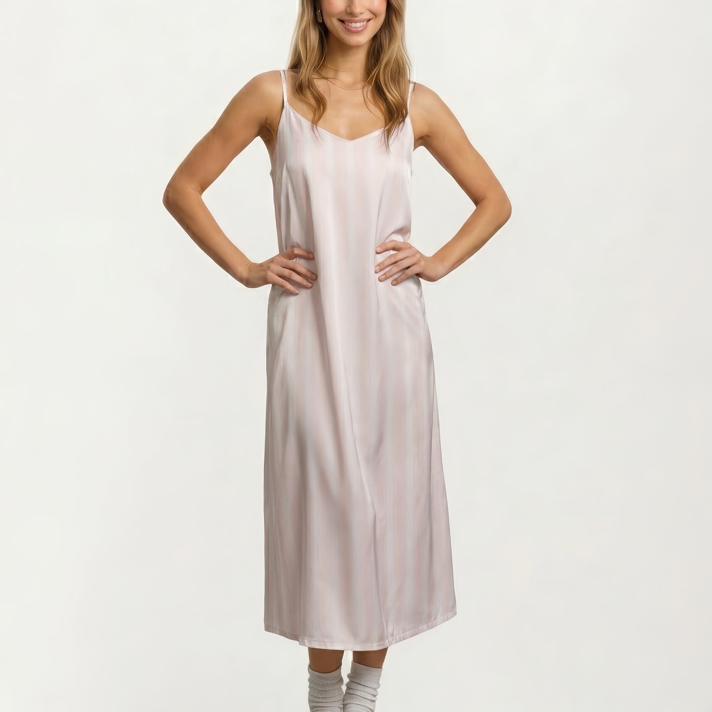 Satin Pajama Dress Sleeveless Spaghetti Strap Midi Sleepwear Nightgown with Relaxed Fit Dress