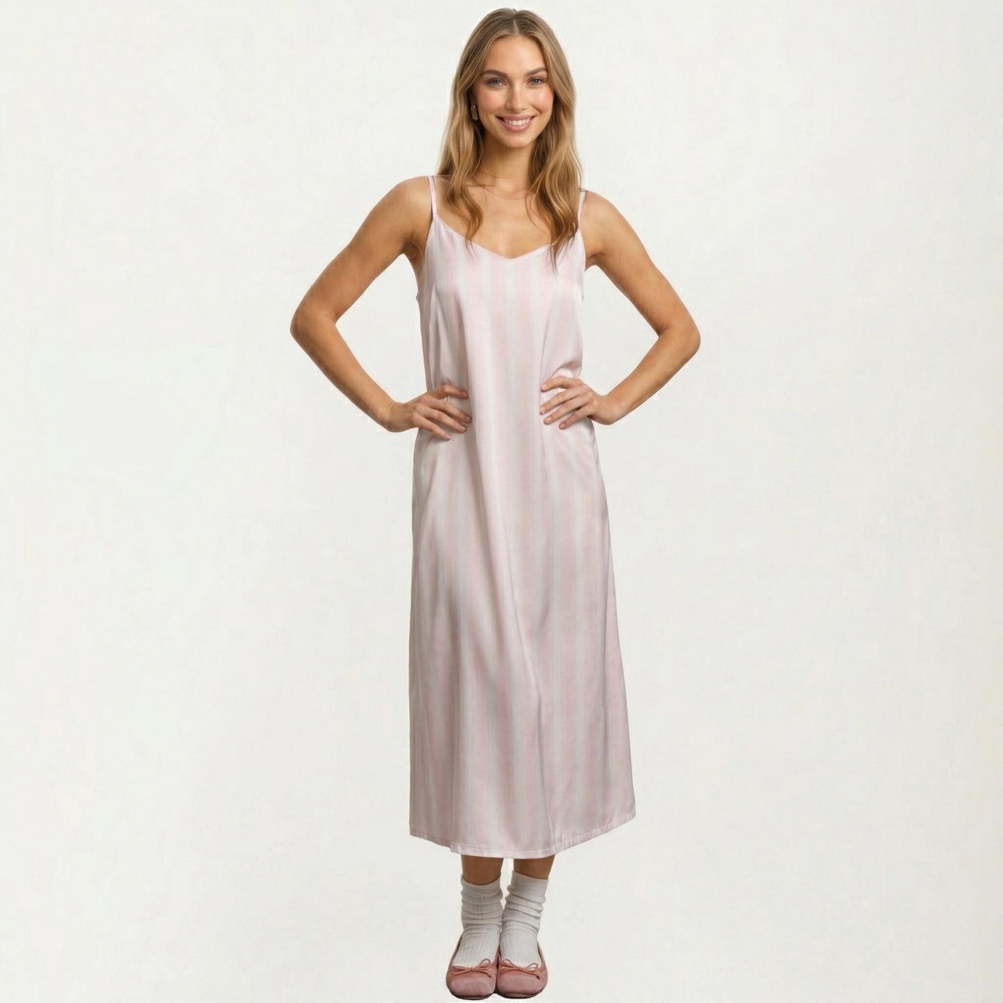Satin Pajama Dress Sleeveless Spaghetti Strap Midi Sleepwear Nightgown with Relaxed Fit Dress