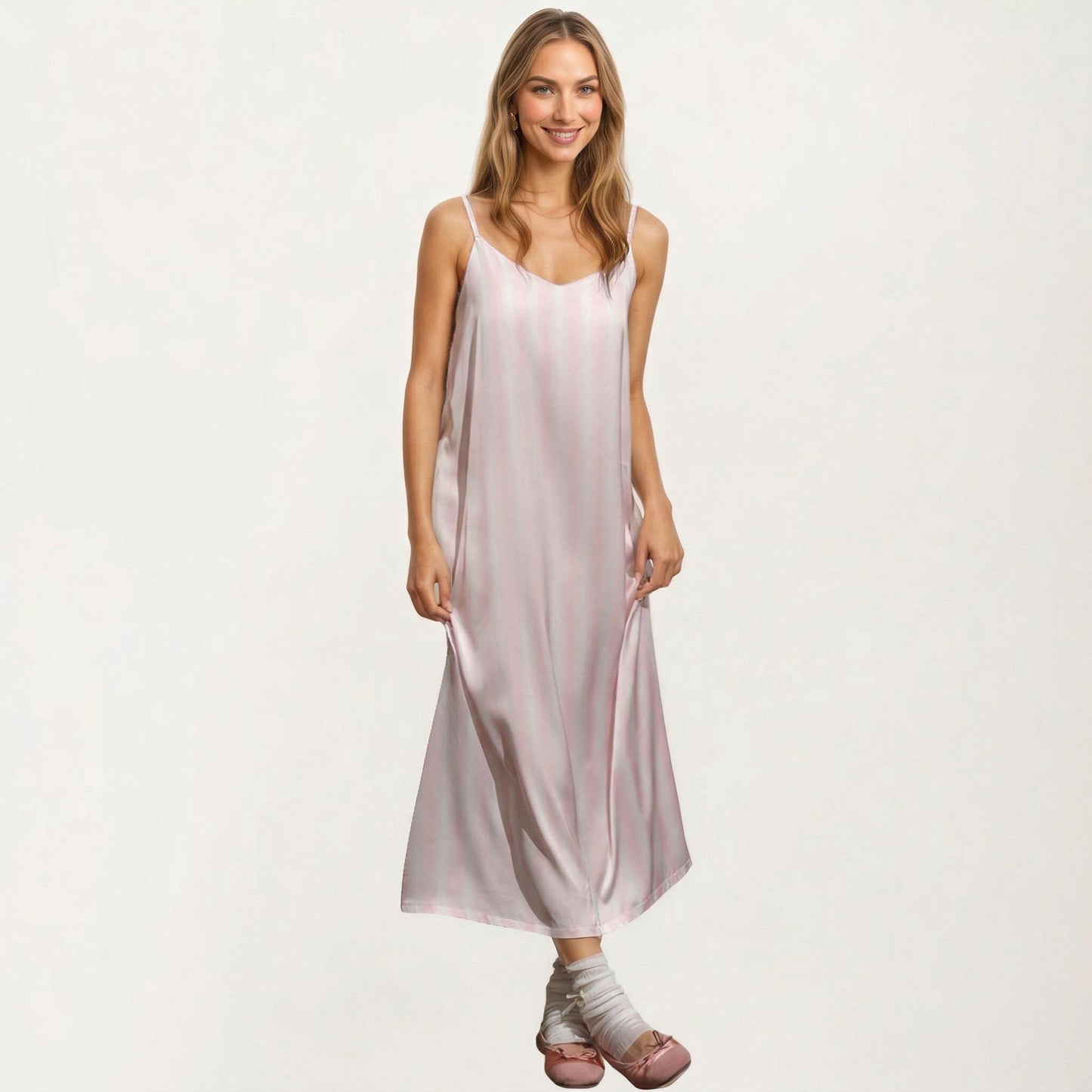 Satin Pajama Dress Sleeveless Spaghetti Strap Midi Sleepwear Nightgown with Relaxed Fit Dress