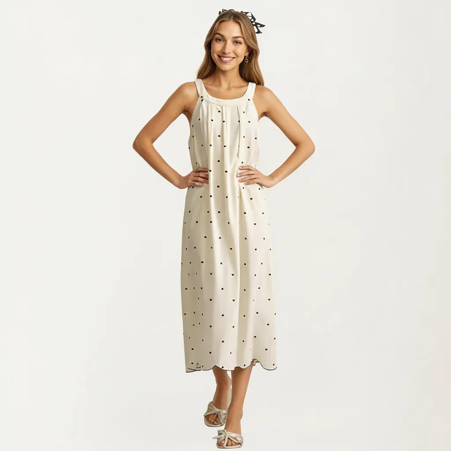 Sleeveless Pajama Dress with Scoop Neck Loose Fit Midi Sleepwear Nightgown with Printed Pattern