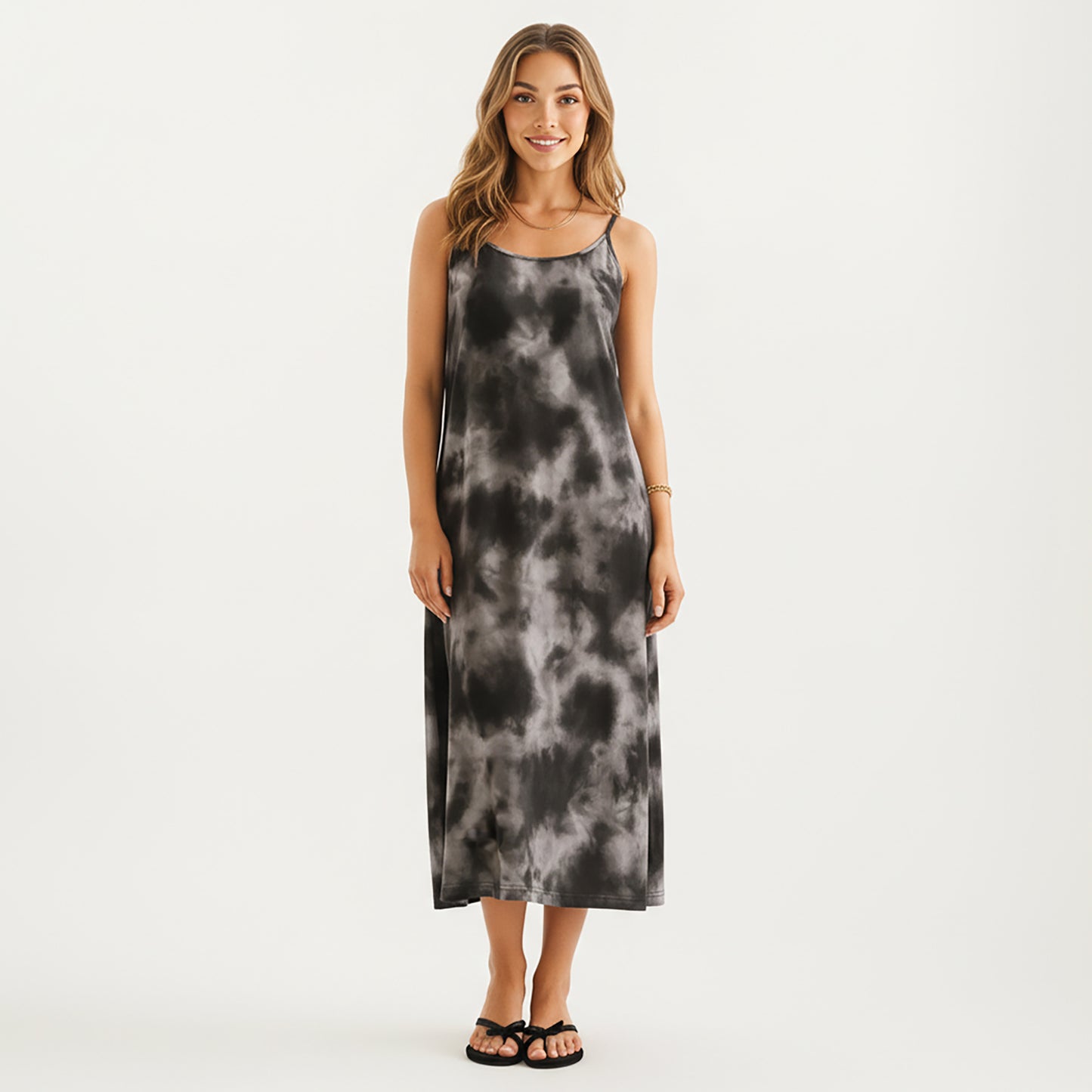 Tie Dye Sleeveless Pajama Dress with Spaghetti Straps Relaxed Fit Midi Lounge Sleepwear Nightgown