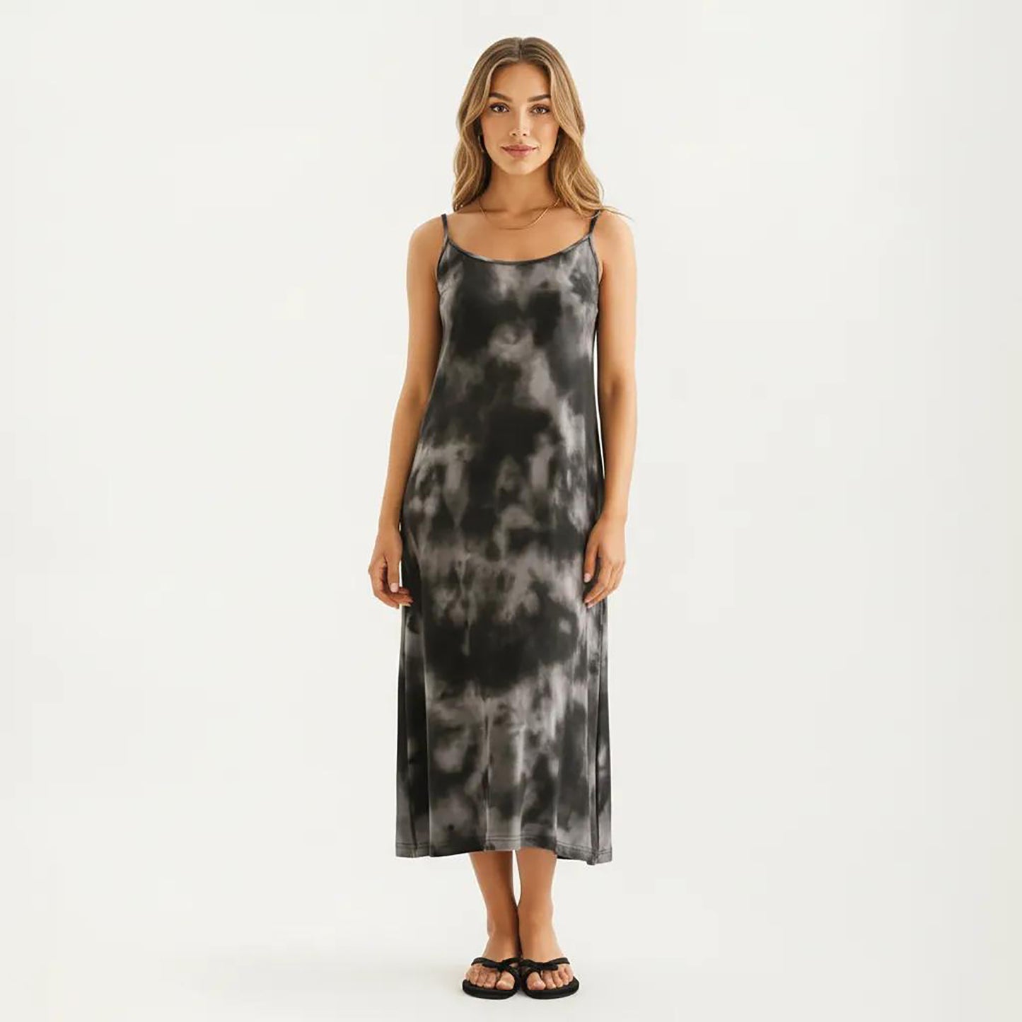 Tie Dye Sleeveless Pajama Dress with Spaghetti Straps Relaxed Fit Midi Lounge Sleepwear Nightgown