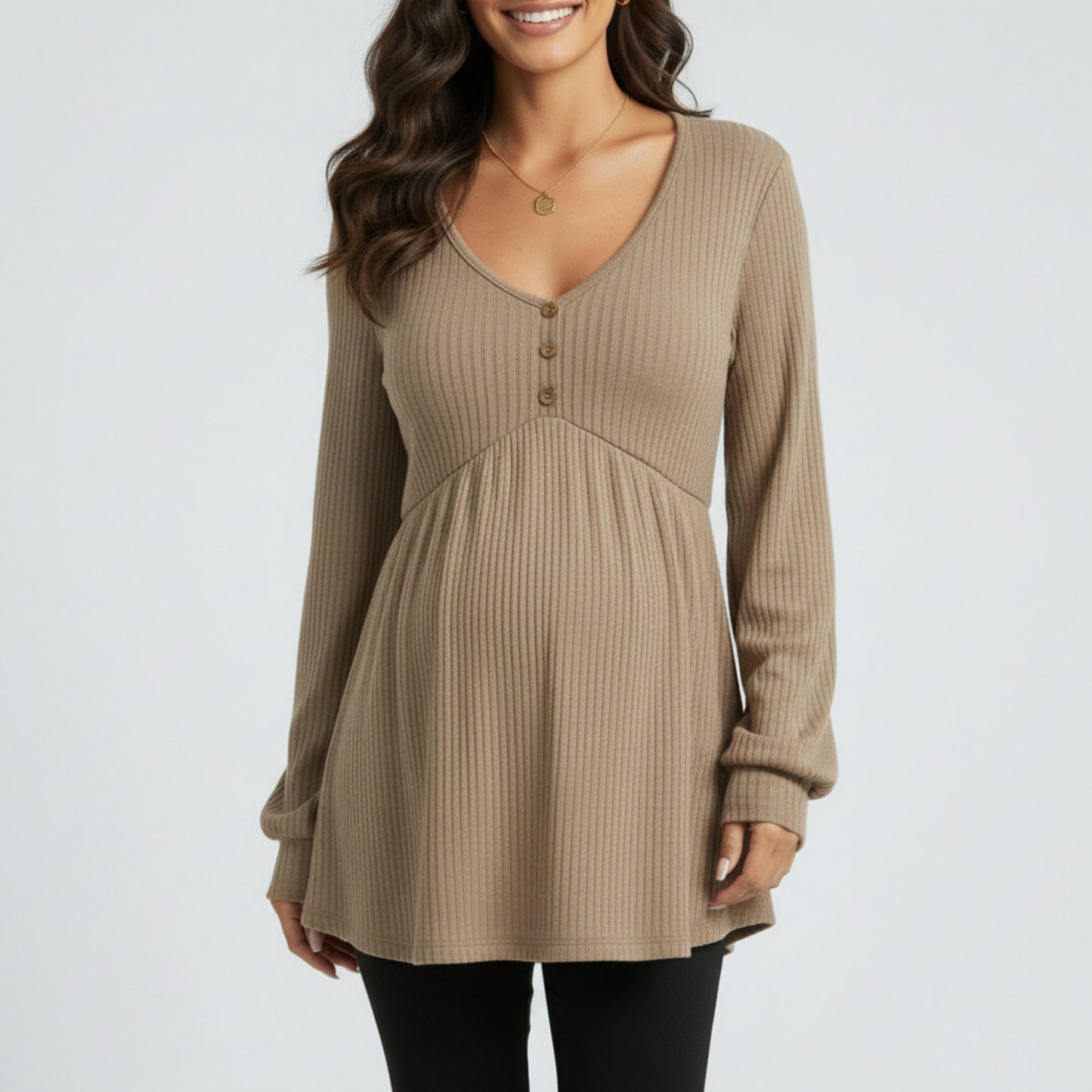 Maternity Ribbed Knit Long Sleeve Tunic Top with Button Front V Neck Empire Waist Shirt