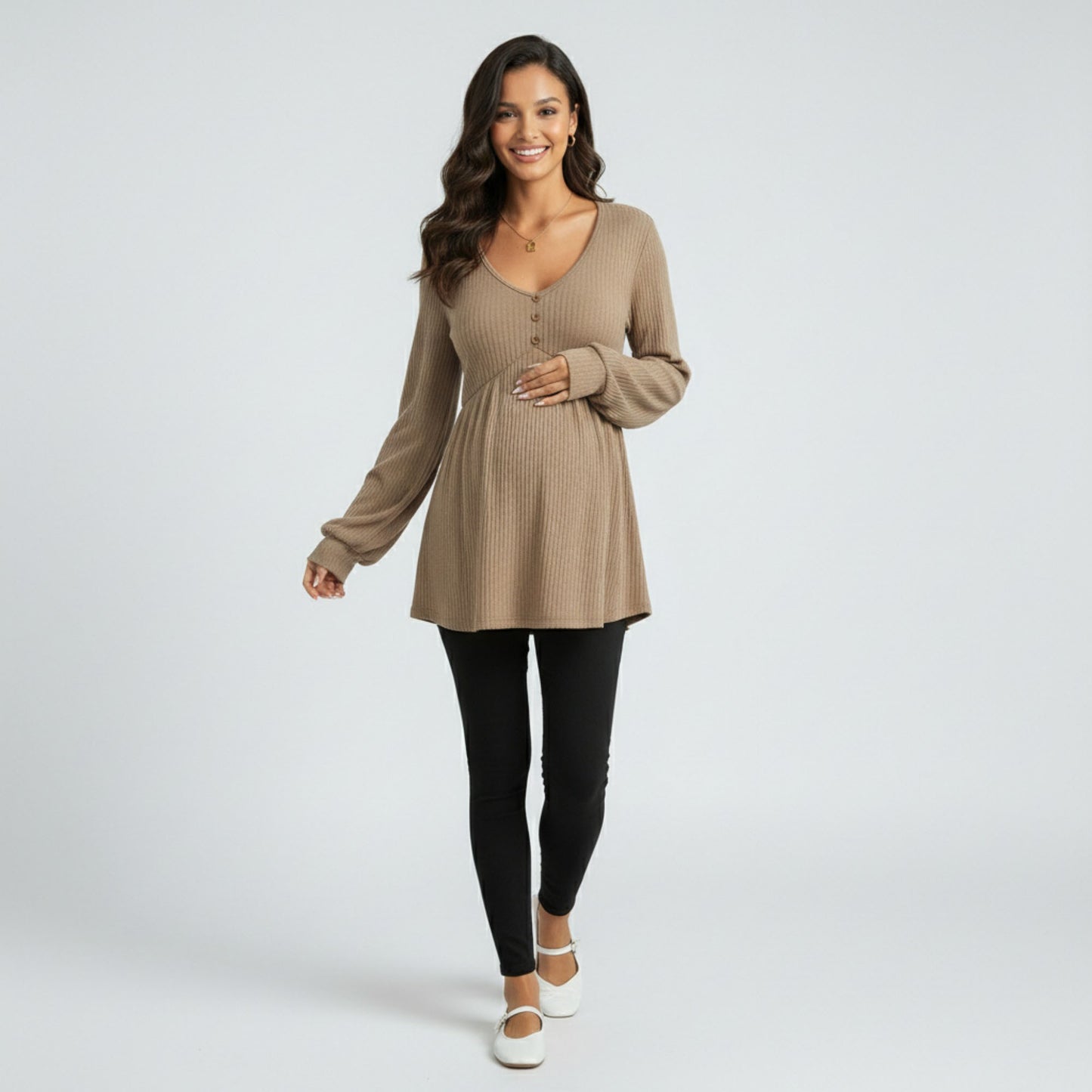 Maternity Ribbed Knit Long Sleeve Tunic Top with Button Front V Neck Empire Waist Shirt
