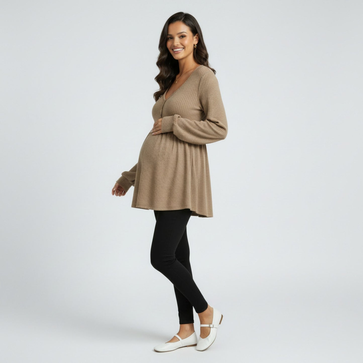 Maternity Ribbed Knit Long Sleeve Tunic Top with Button Front V Neck Empire Waist Shirt