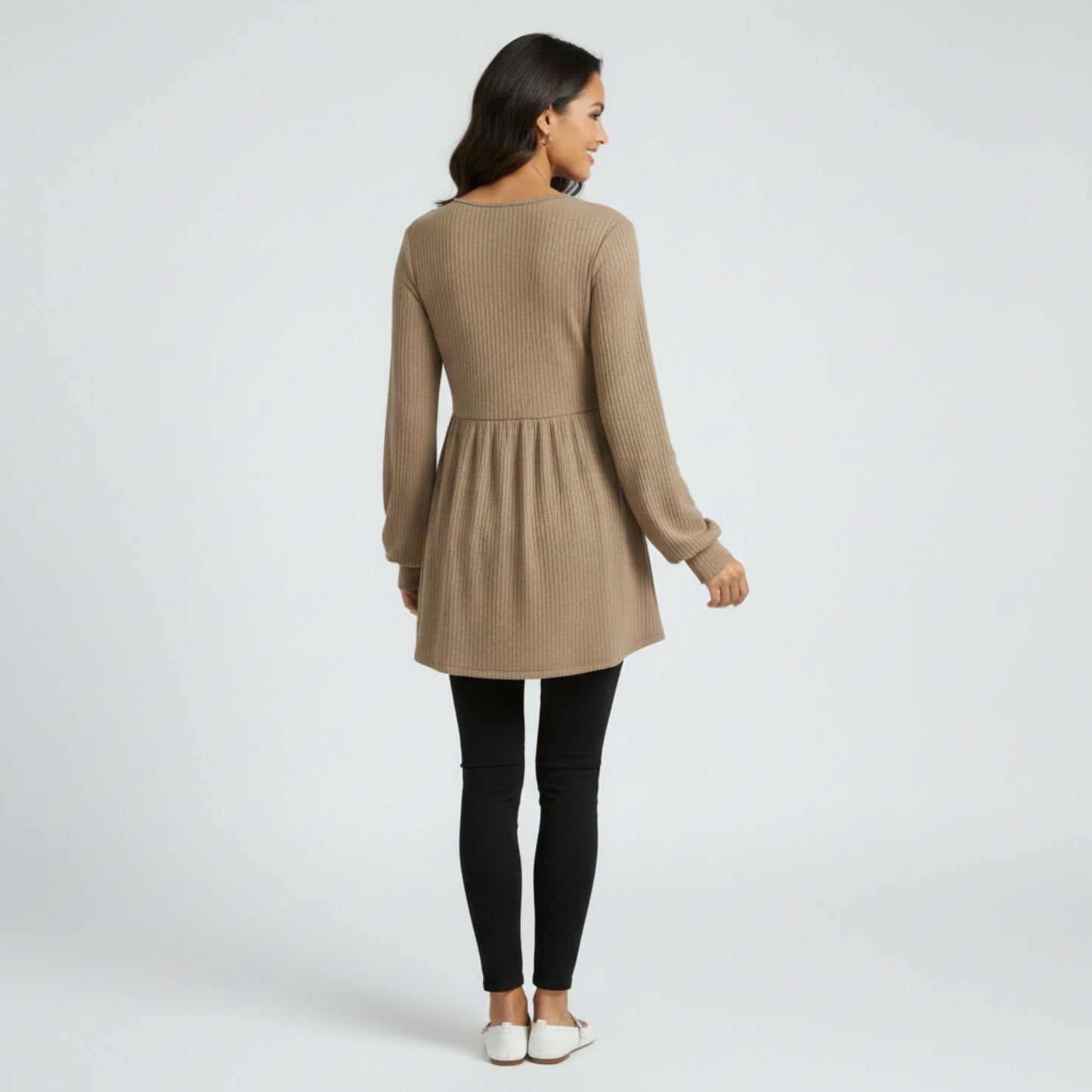 Maternity Ribbed Knit Long Sleeve Tunic Top with Button Front V Neck Empire Waist Shirt
