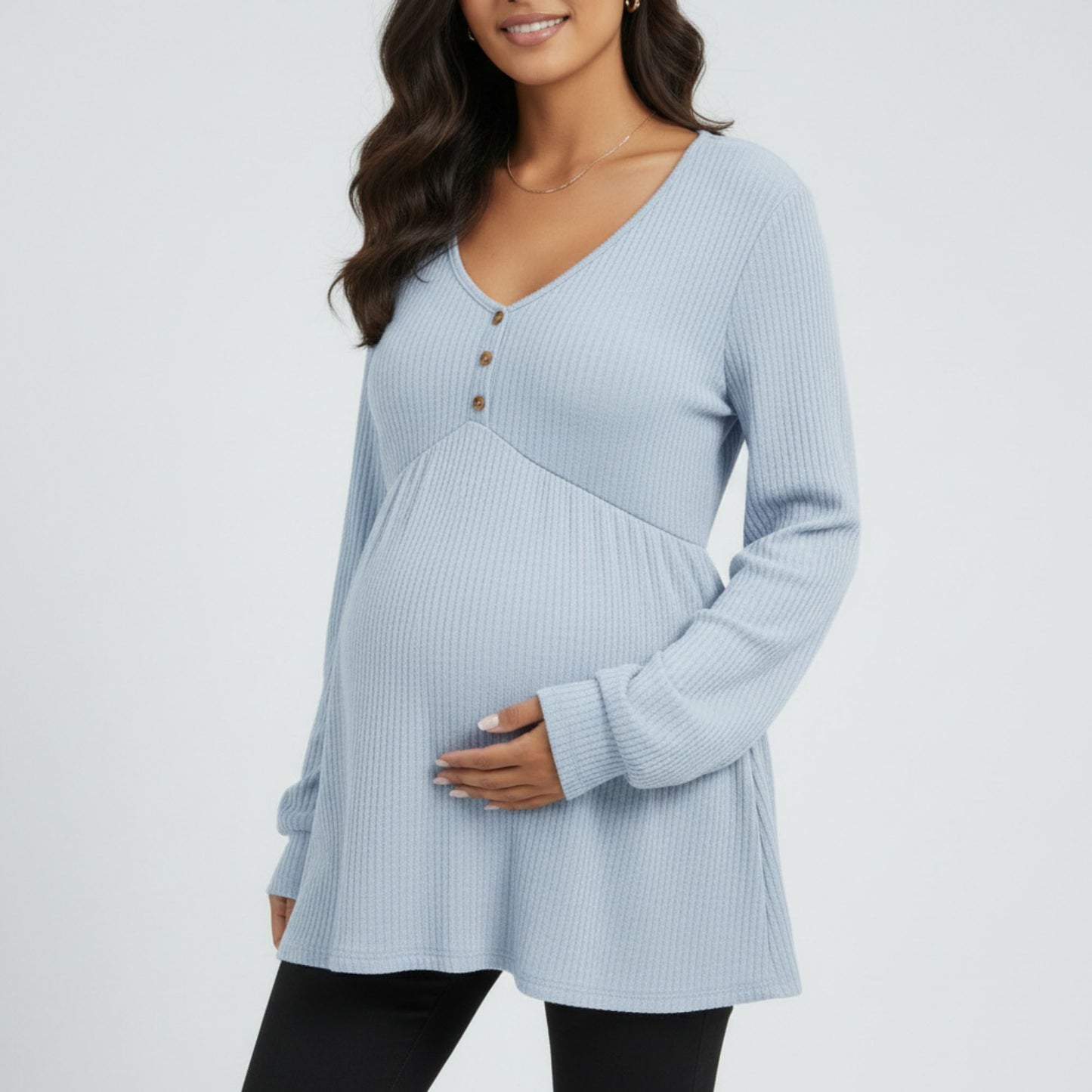 Maternity Ribbed Knit Long Sleeve Tunic Top with Button Front V Neck Empire Waist Shirt