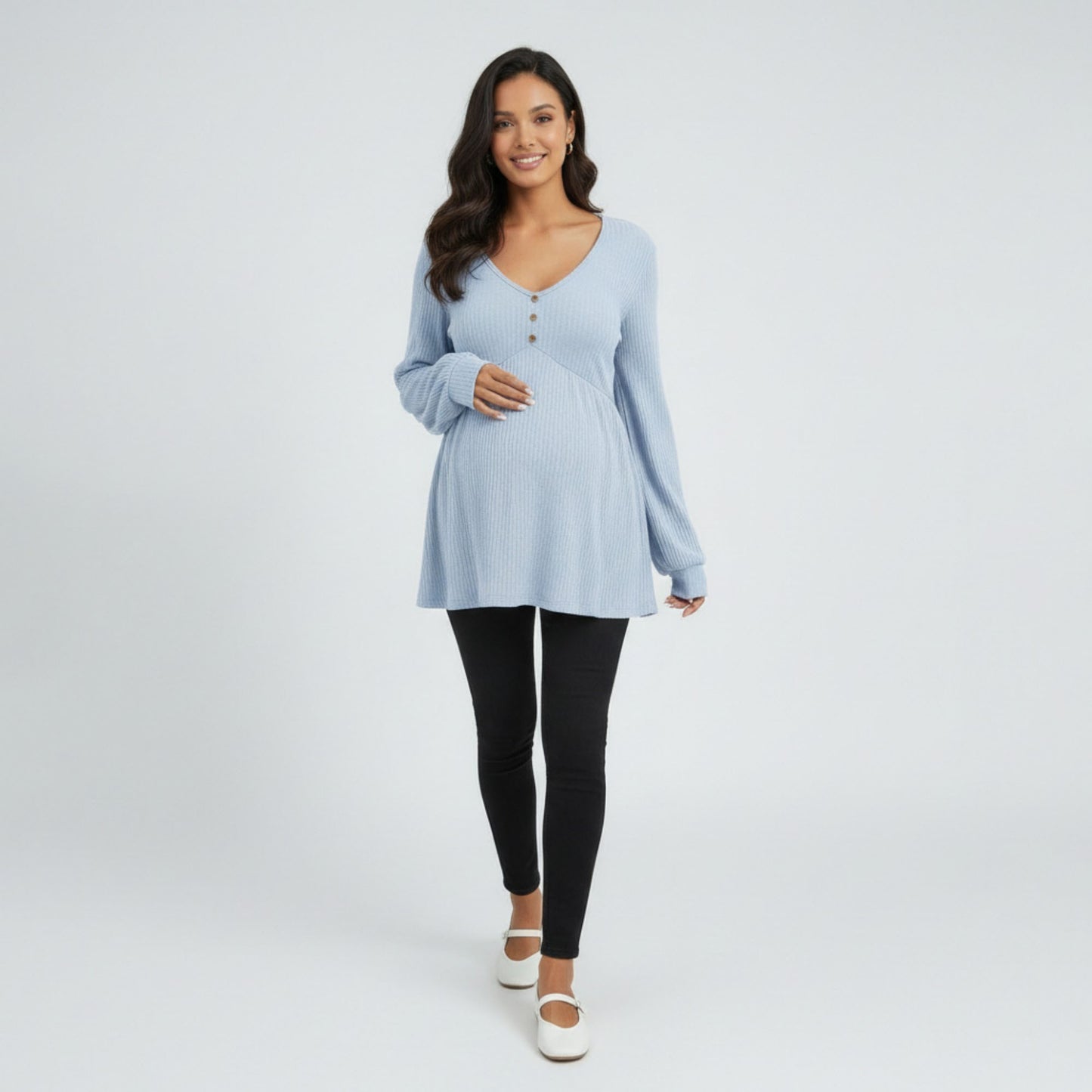 Maternity Ribbed Knit Long Sleeve Tunic Top with Button Front V Neck Empire Waist Shirt