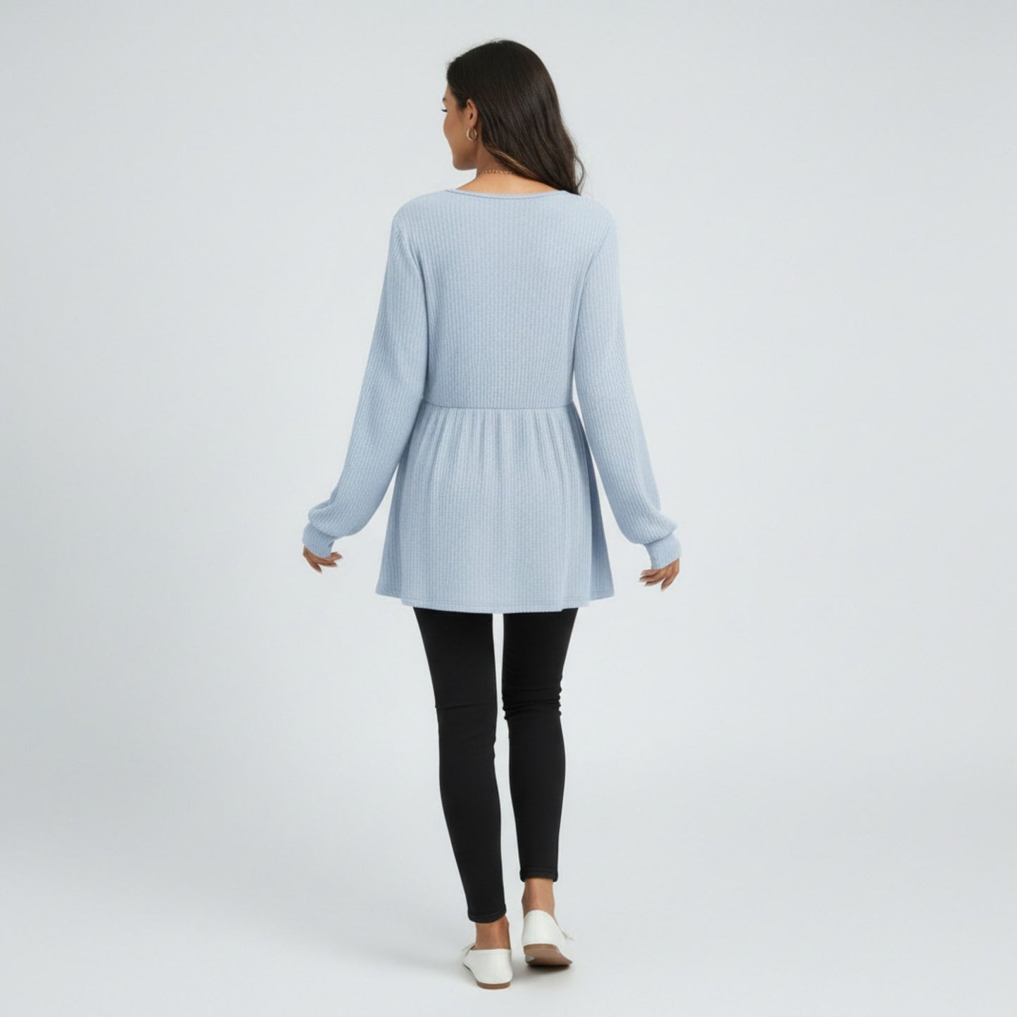 Maternity Ribbed Knit Long Sleeve Tunic Top with Button Front V Neck Empire Waist Shirt
