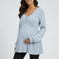 Maternity Ribbed Knit Long Sleeve Tunic Top with Button Front V Neck Empire Waist Shirt