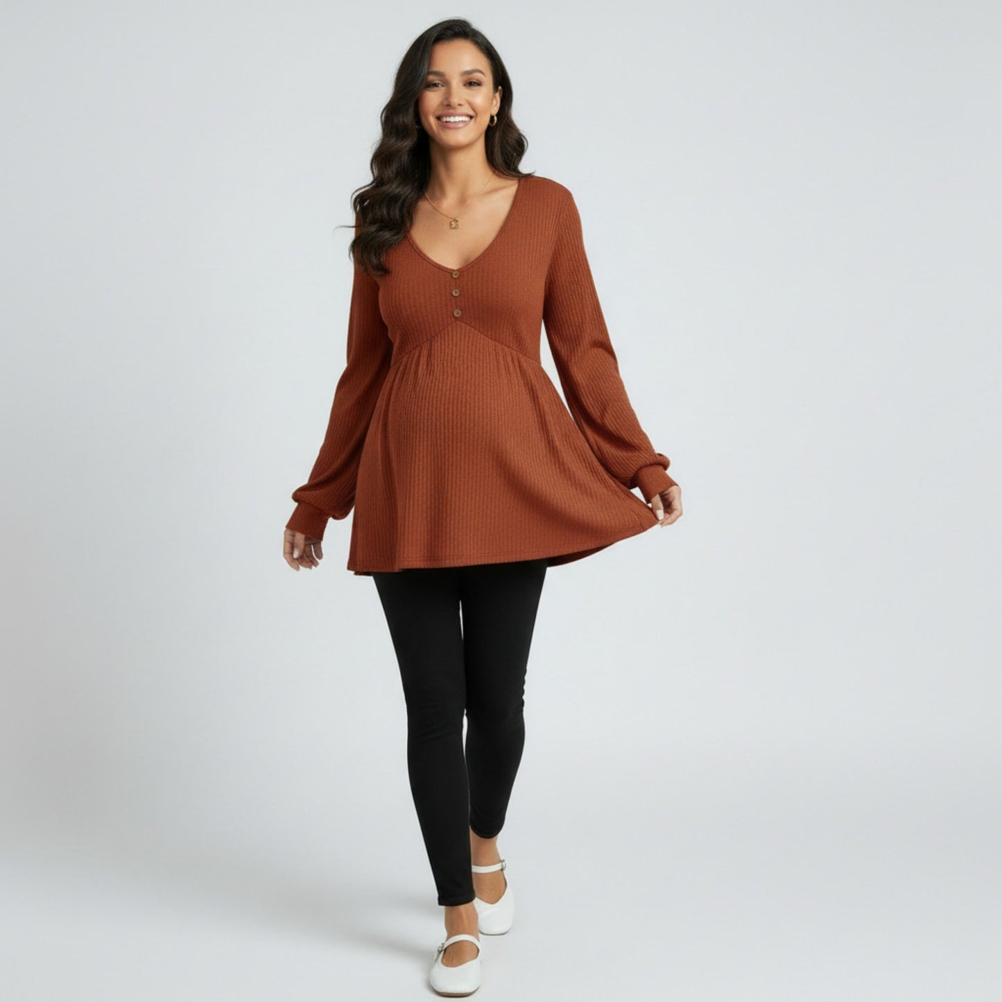 Maternity Ribbed Knit Long Sleeve Tunic Top with Button Front V Neck Empire Waist Shirt