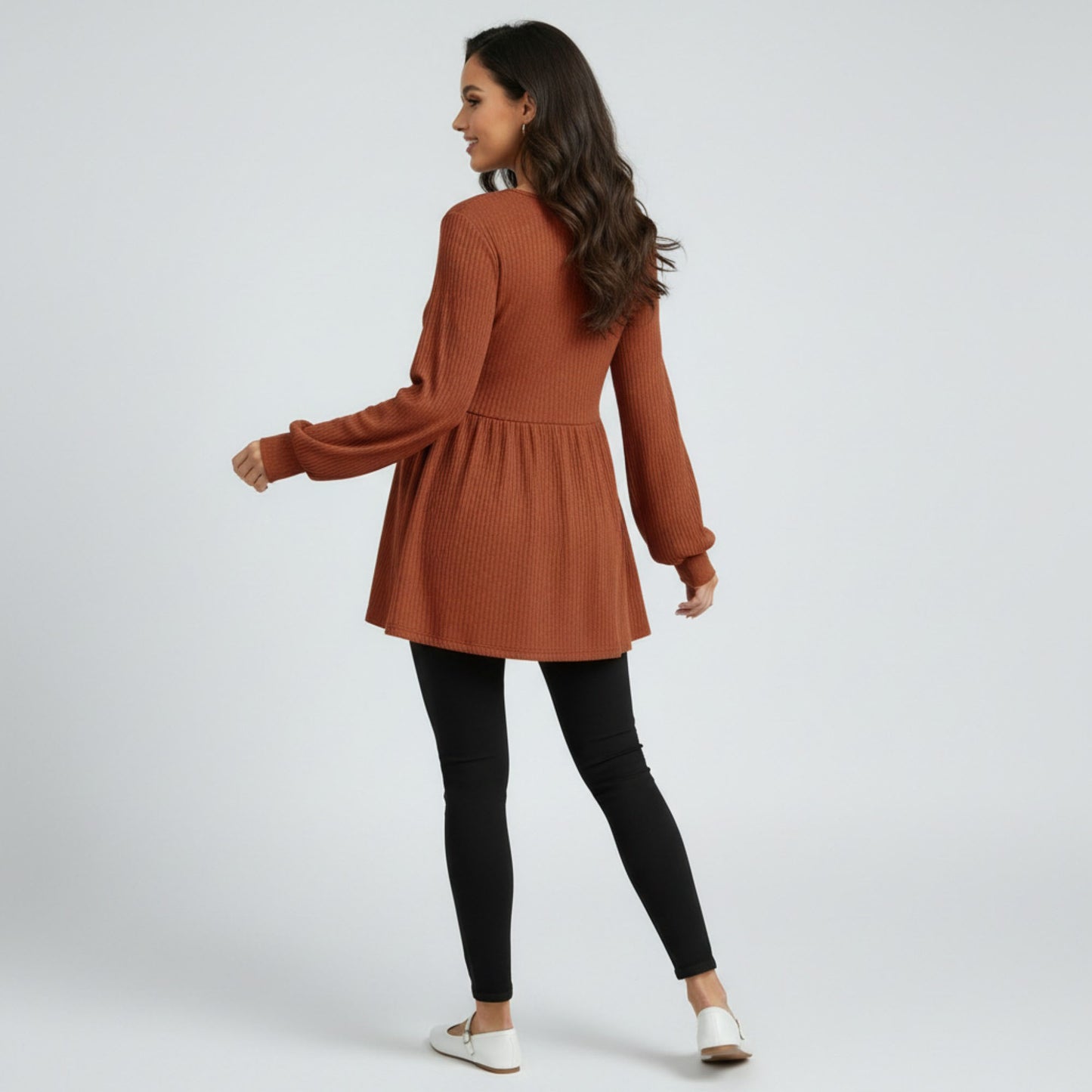Maternity Ribbed Knit Long Sleeve Tunic Top with Button Front V Neck Empire Waist Shirt