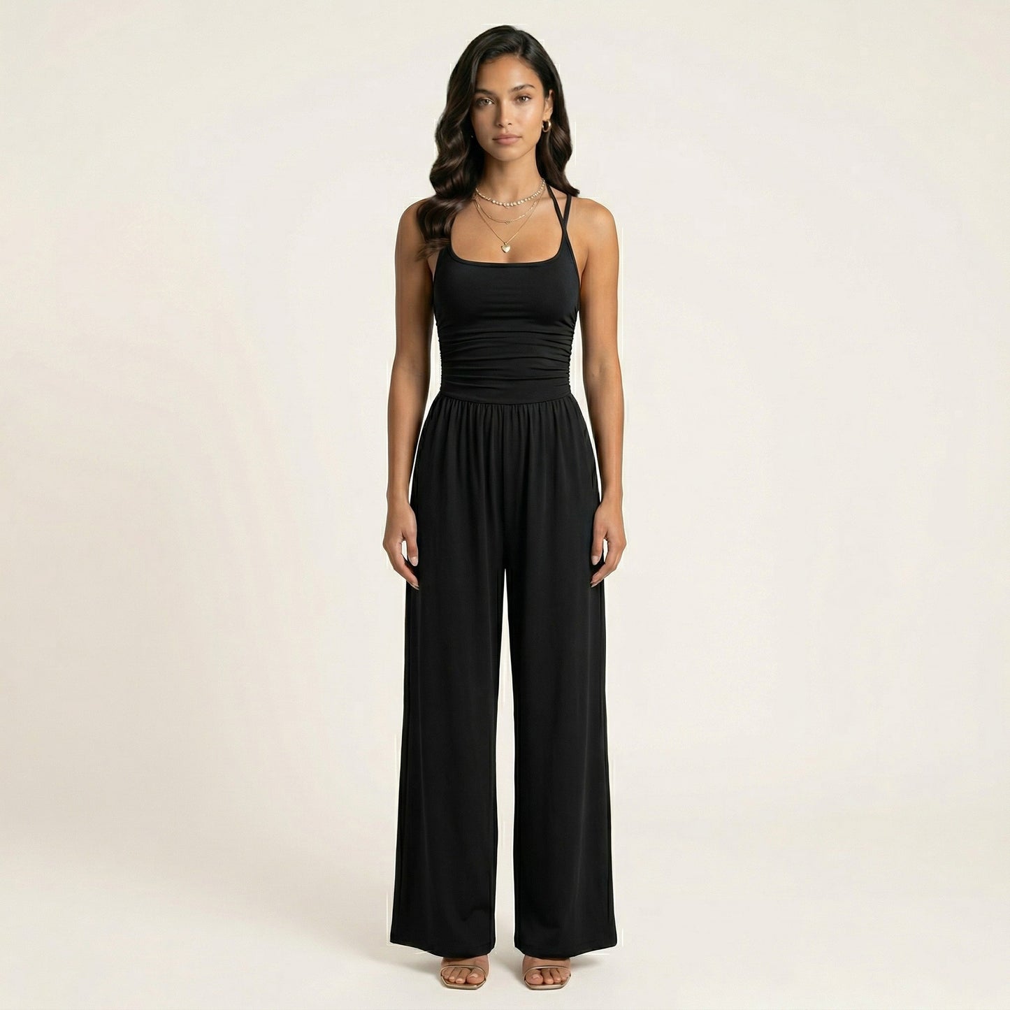 Sleeveless Wide Leg Jumpsuit with Scoop Neck Ruched Bodice Soft Stretch Fabric