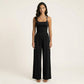 Sleeveless Wide Leg Jumpsuit with Scoop Neck Ruched Bodice Soft Stretch Fabric