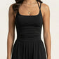 Sleeveless Wide Leg Jumpsuit with Scoop Neck Ruched Bodice Soft Stretch Fabric