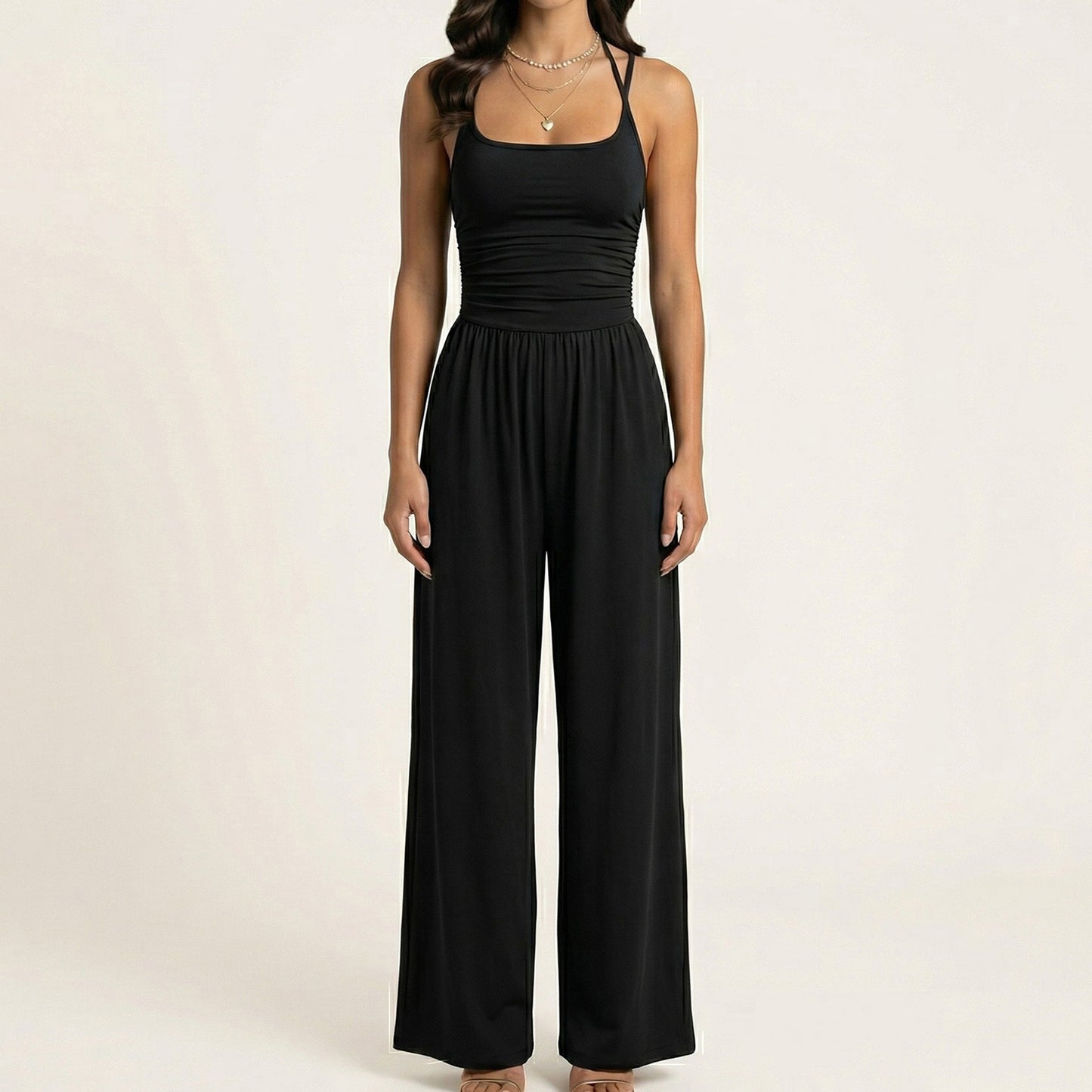 Sleeveless Wide Leg Jumpsuit with Scoop Neck Ruched Bodice Soft Stretch Fabric