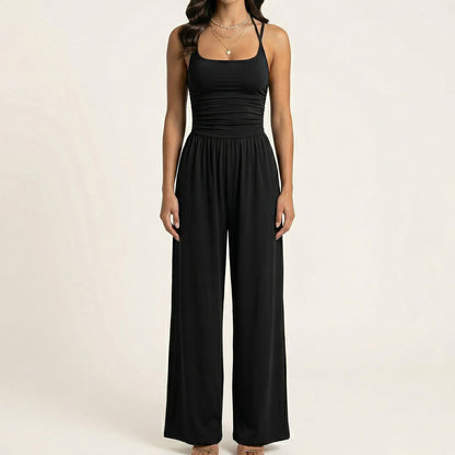 Sleeveless Wide Leg Jumpsuit with Scoop Neck Ruched Bodice Soft Stretch Fabric