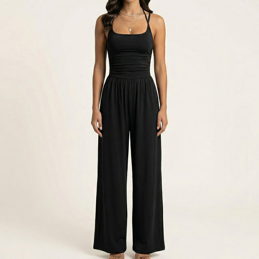 Sleeveless Wide Leg Jumpsuit with Scoop Neck Ruched Bodice Soft Stretch Fabric