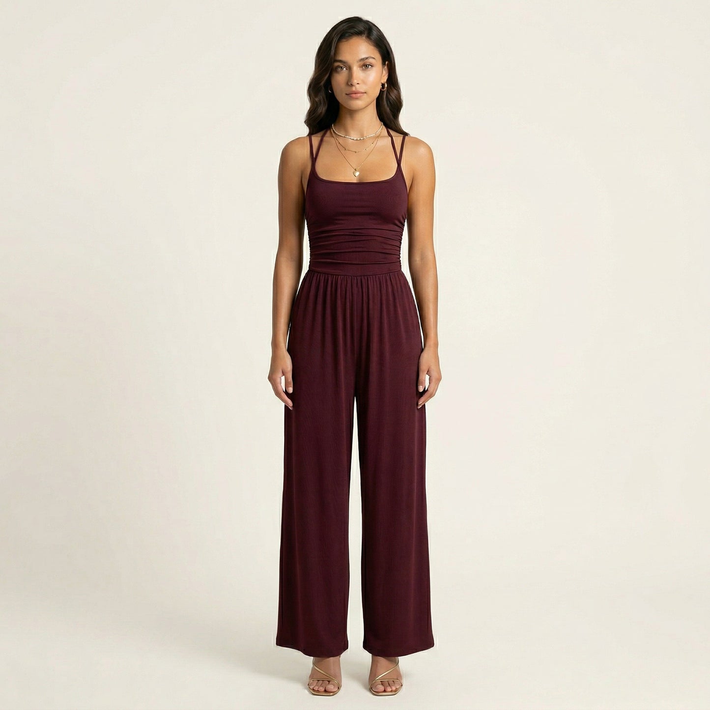 Sleeveless Wide Leg Jumpsuit with Scoop Neck Ruched Bodice Soft Stretch Fabric