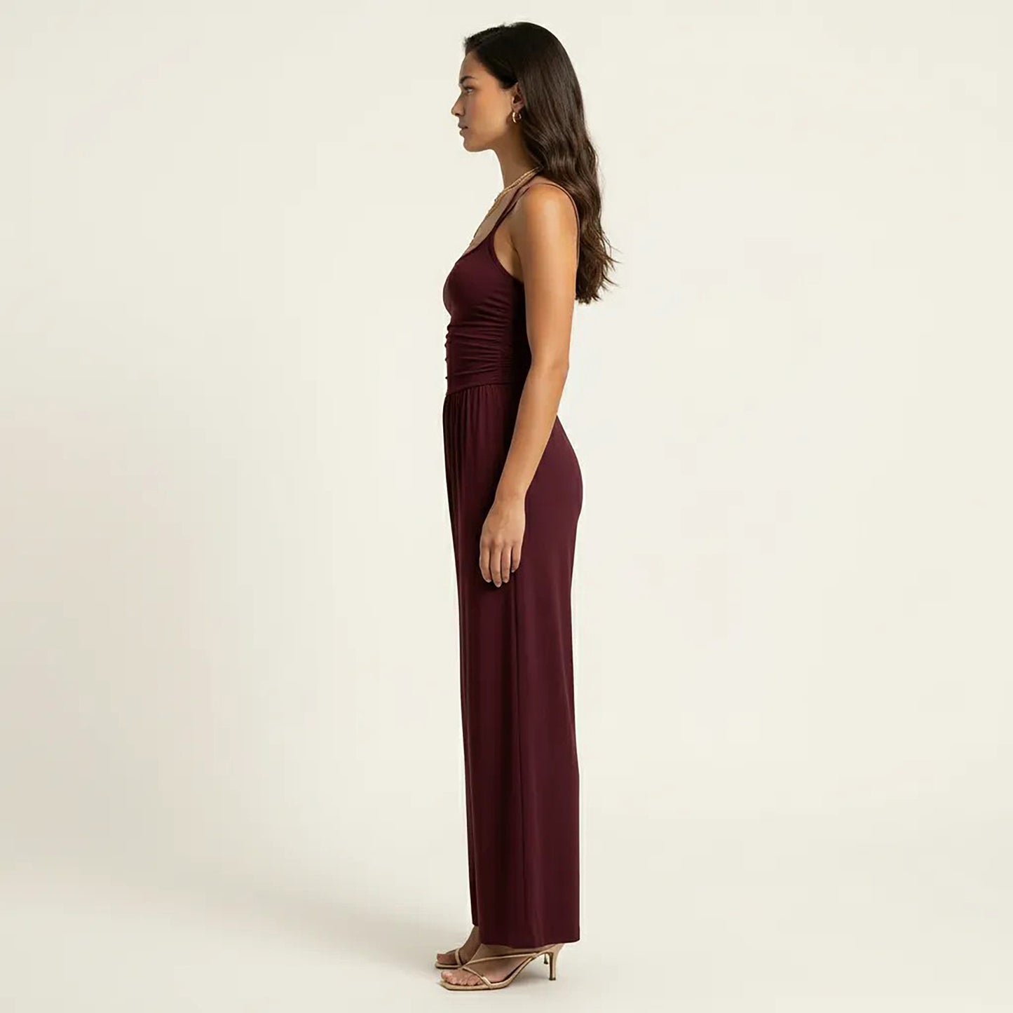 Sleeveless Wide Leg Jumpsuit with Scoop Neck Ruched Bodice Soft Stretch Fabric