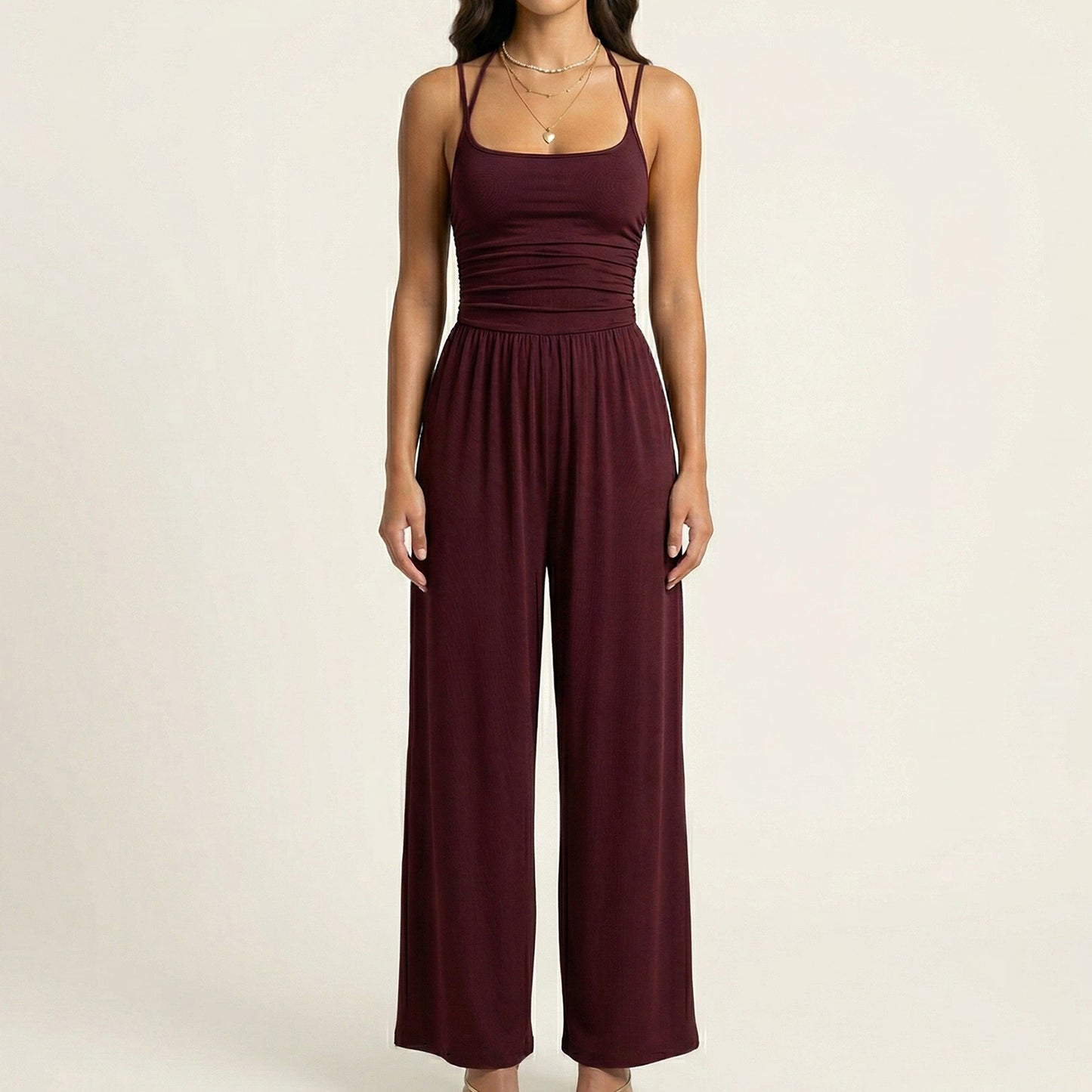 Sleeveless Wide Leg Jumpsuit with Scoop Neck Ruched Bodice Soft Stretch Fabric