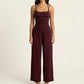 Sleeveless Wide Leg Jumpsuit with Scoop Neck Ruched Bodice Soft Stretch Fabric