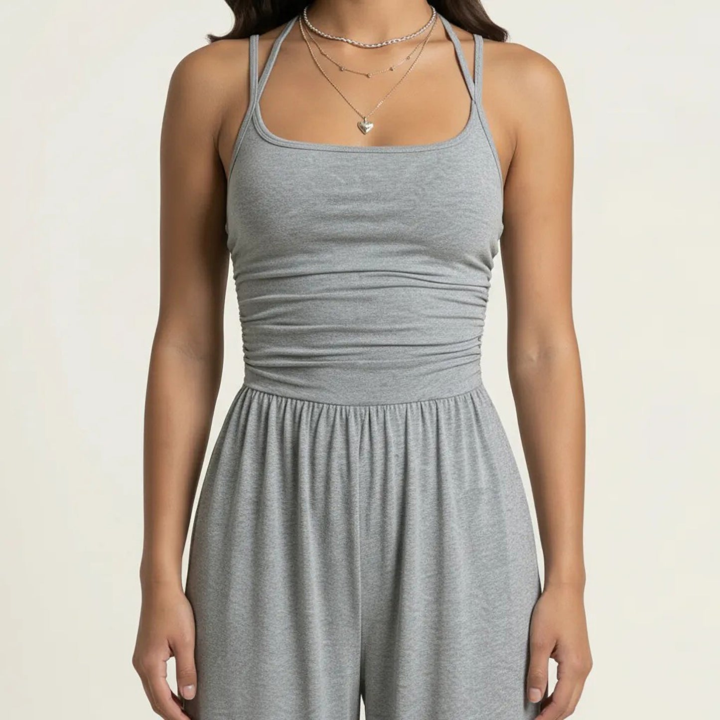 Sleeveless Wide Leg Jumpsuit with Scoop Neck Ruched Bodice Soft Stretch Fabric